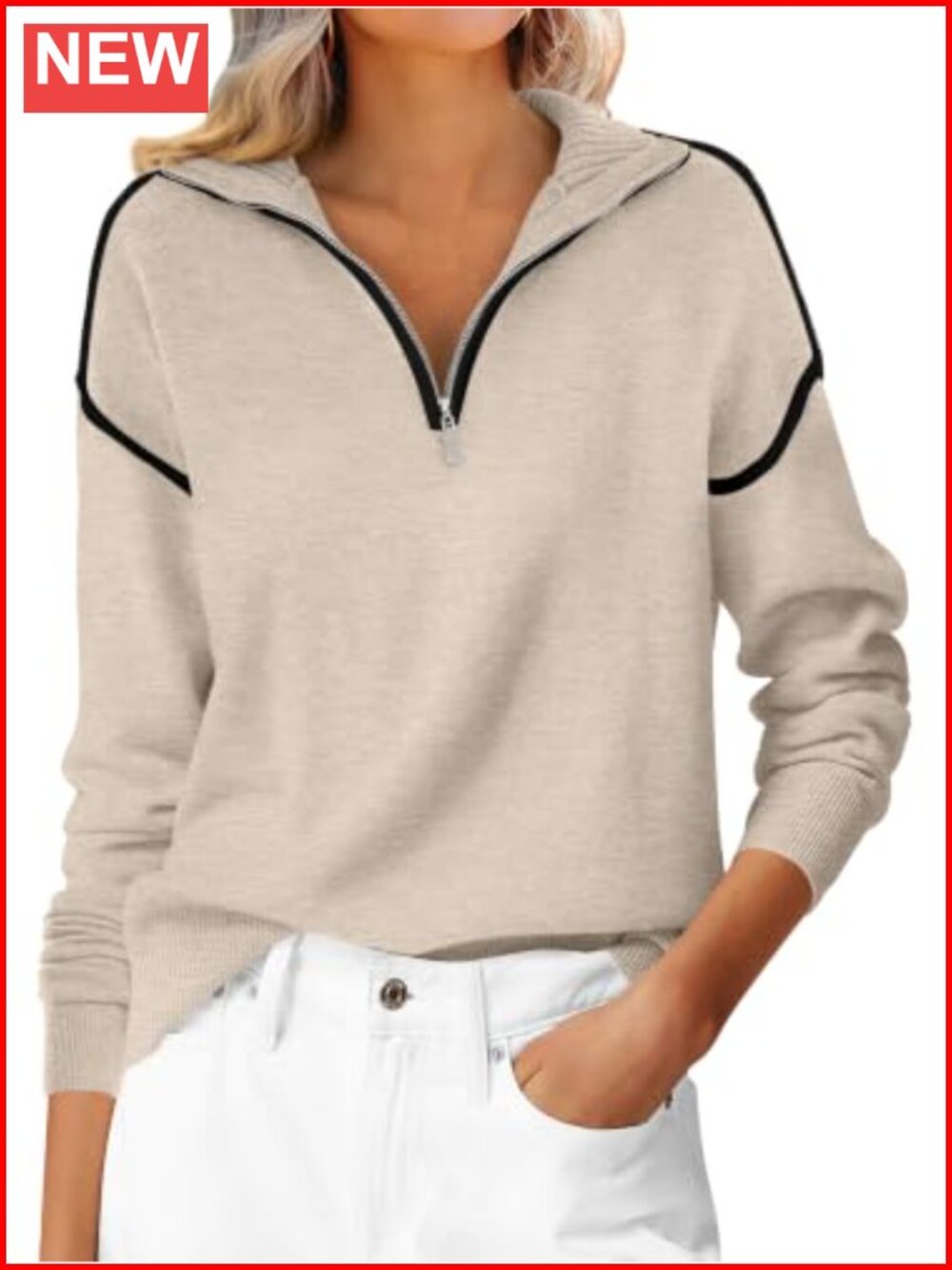 Quarter Zip Pullover Sweater Loose Fit Knit V Neck Collared Long Sleeve